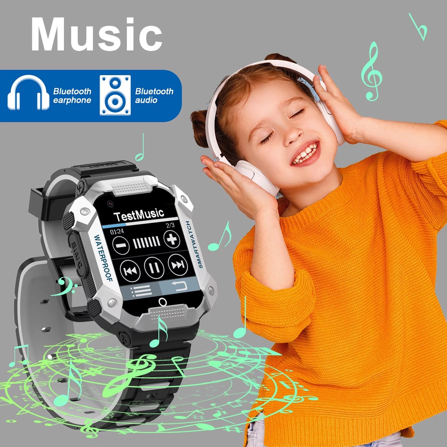 S07 Smart Watch for Boys Girls Smartwatch for Kids with 4G SIM GPS Video Call Pedometer MP3 Flashlights Calculator Alarm Clock Children Touch Screen Silver