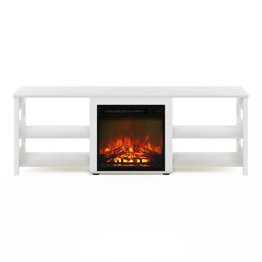 Classic 70 Inch TV Stand with Fireplace, White Emboss