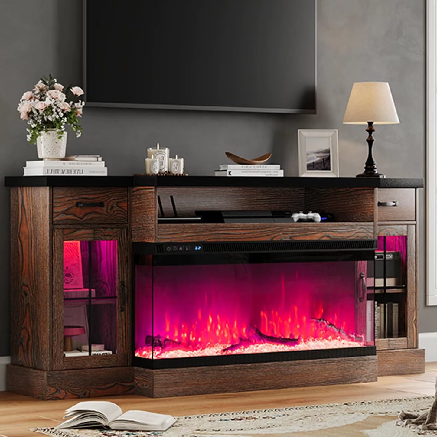 Fireplace TV Stand with 40" Electric Fireplace for 80" TV, 70" Fireplace Entertainment Center with Adjustable Storage Cabinets