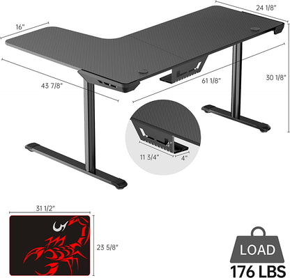 L-Shaped Gaming Desk - 60-Inch Corner PC Table for Home Office with Spacious Writing Surface, Mouse Pad, Cable Management, Space-Saving Design, Easy Assembly, Right-Sided Black Finish