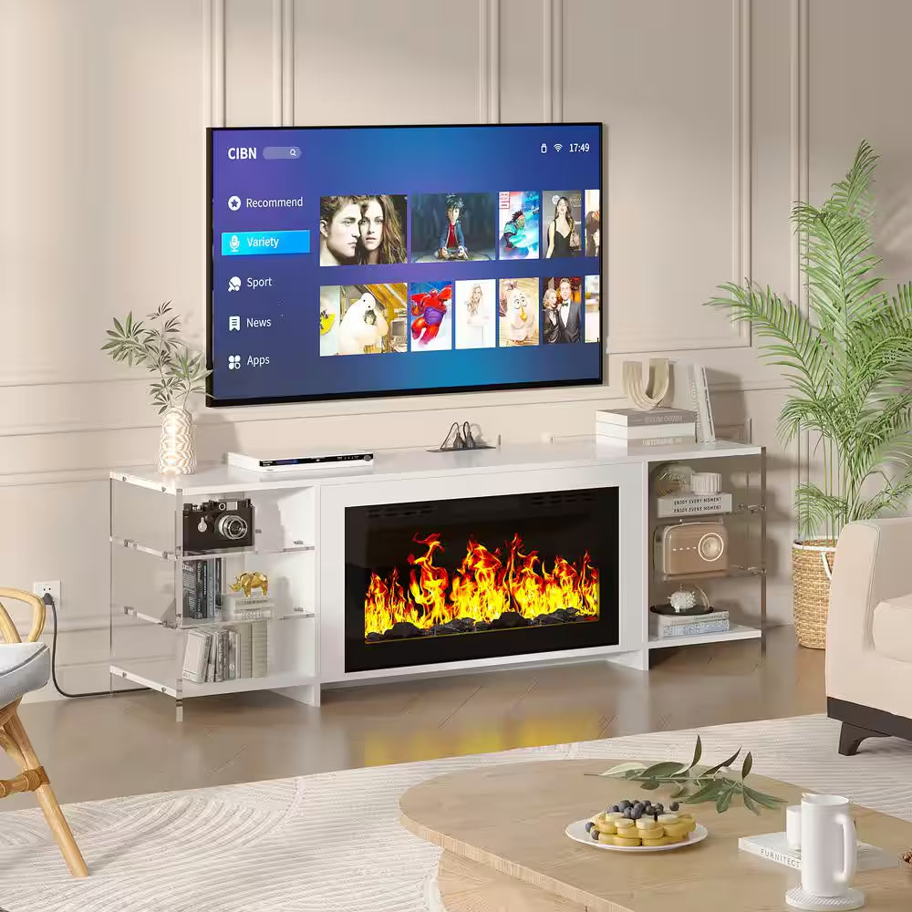 CTV Stand for Tvs up to 75 In. with 3D Flame, 13 Colors LED Light, White Transparent Shelves Entertainment Center