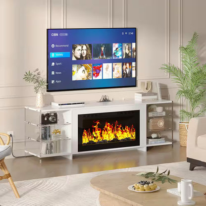 CTV Stand for Tvs up to 75 In. with 3D Flame, 13 Colors LED Light, White Transparent Shelves Entertainment Center