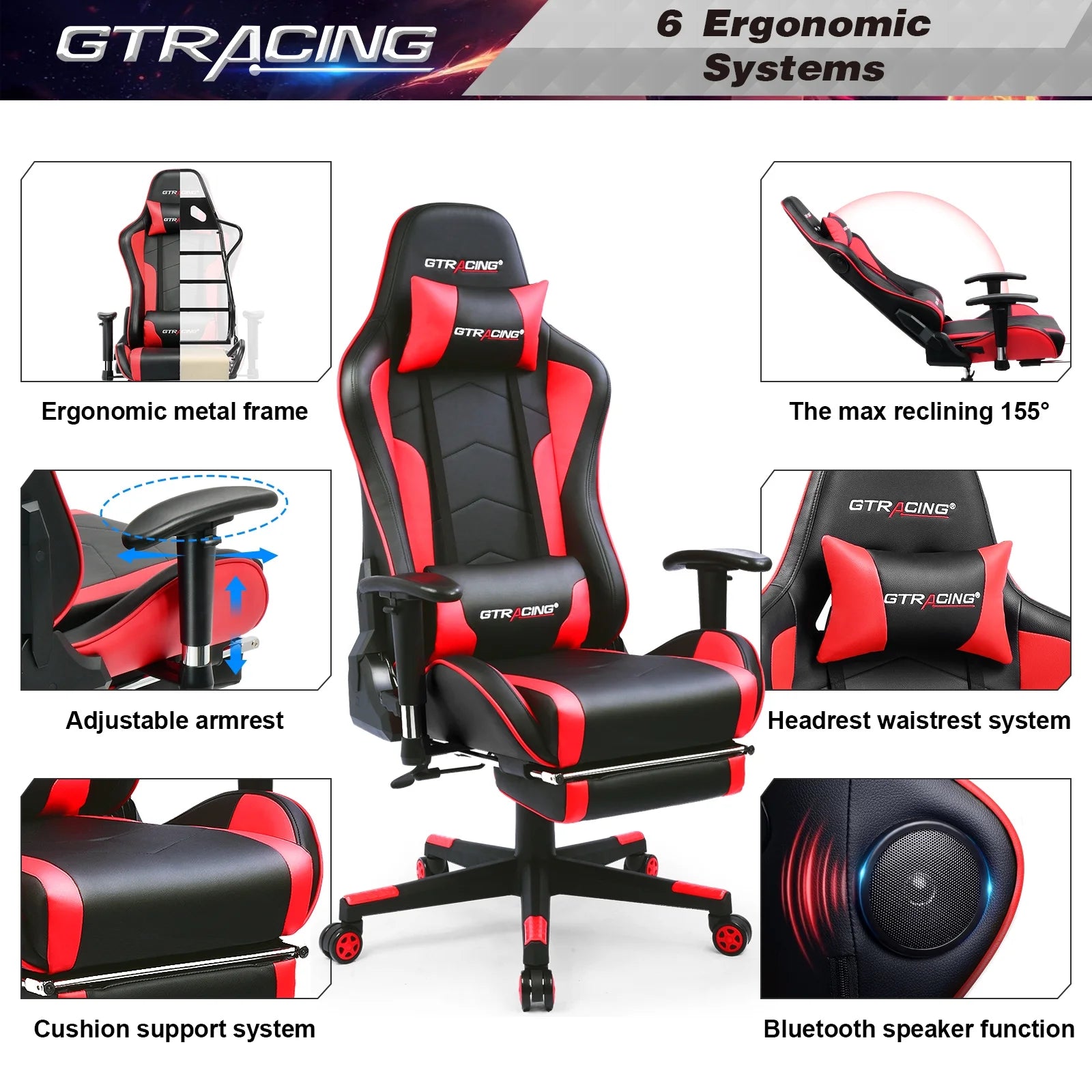 Gaming Chair with Bluetooth Speakers Music Office Chair with Footrest PU Leather Recliner, Red