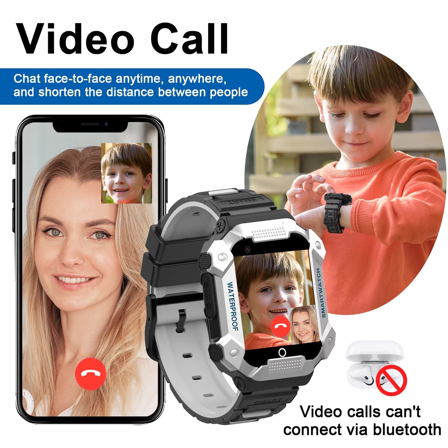 S07 Smart Watch for Boys Girls Smartwatch for Kids with 4G SIM GPS Video Call Pedometer MP3 Flashlights Calculator Alarm Clock Children Touch Screen Silver