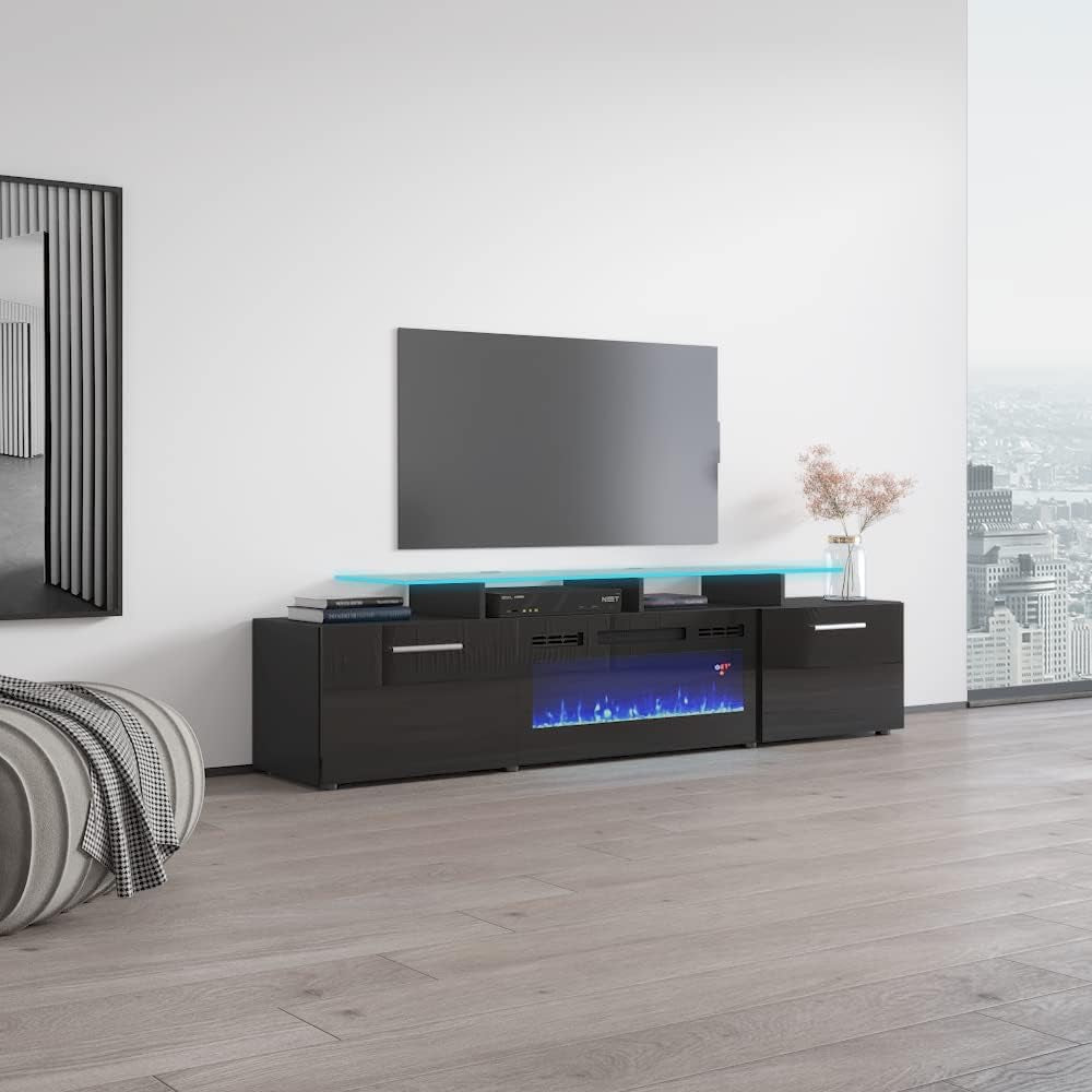 Rova EF Fireplace TV Stand - Modern High Gloss TV Stand with Storage Cabinets - Central Entertainment Center Console Table with 16-Color LED Light System - Black