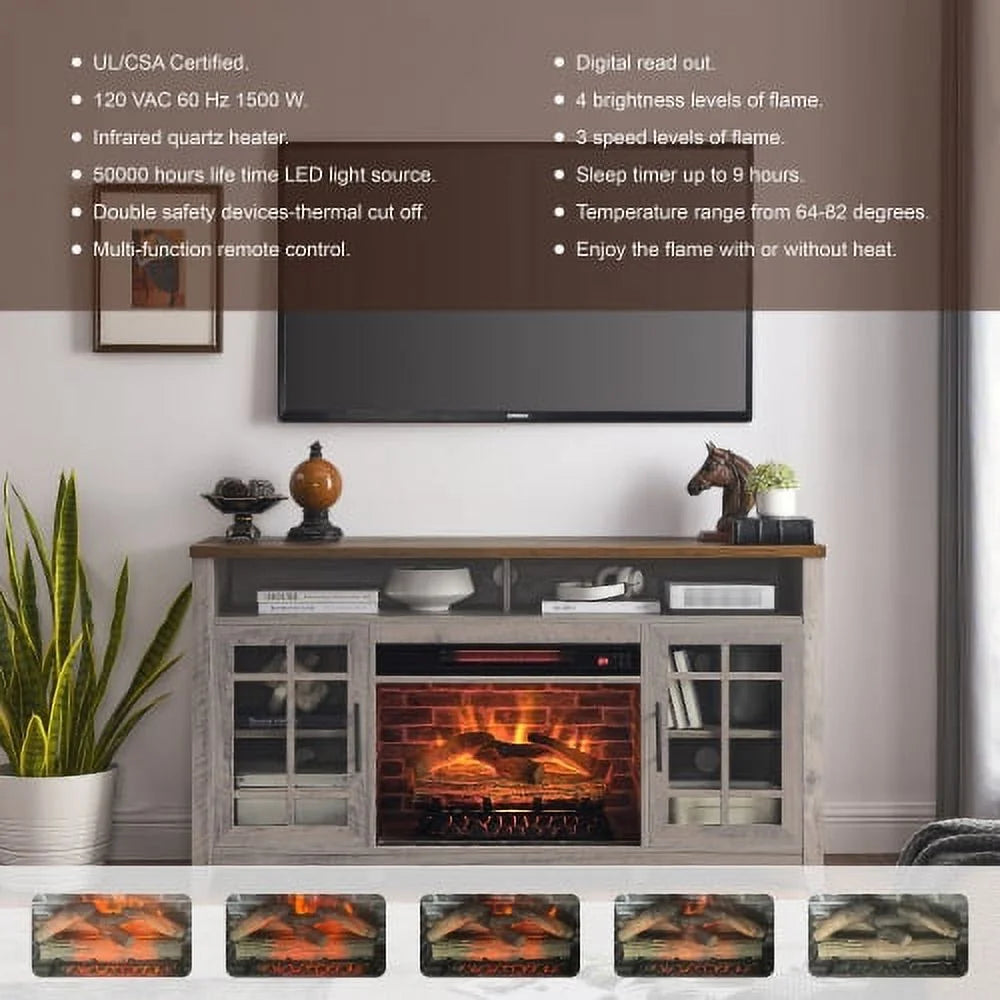 Enyopro 58" Electric Fireplace Heater TV Stand for 65" Tvs, 1500W Wood Fake Fireplace Heater with 11-Adjustable Heat Setting (64℉-82℉) and Timer, Gray, TE2195