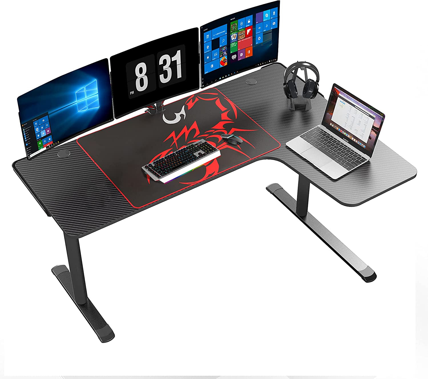 L-Shaped Gaming Desk - 60-Inch Corner PC Table for Home Office with Spacious Writing Surface, Mouse Pad, Cable Management, Space-Saving Design, Easy Assembly, Right-Sided Black Finish