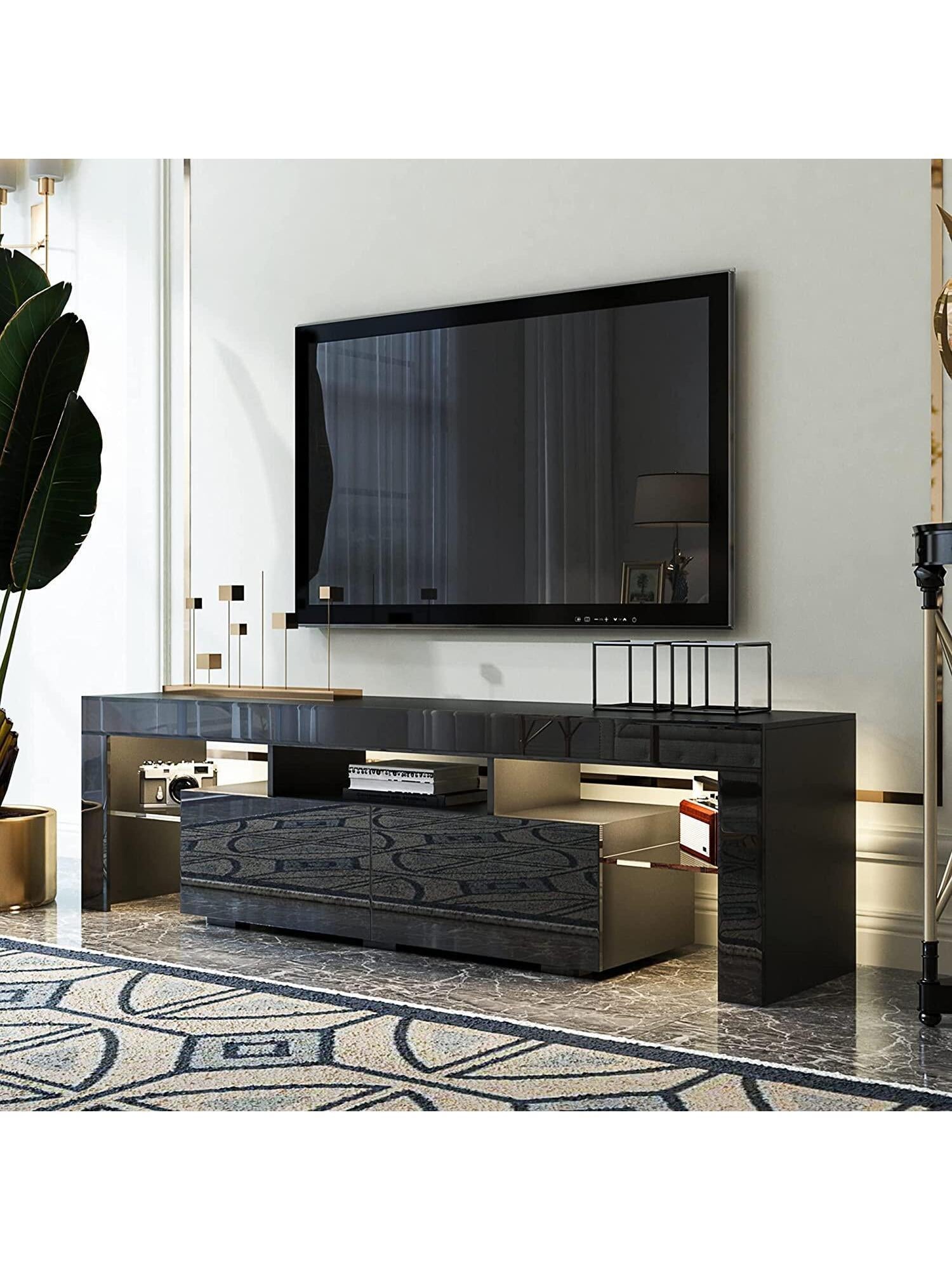 63 Inch TV Stand,Led TV Stand High Glossy Entertainment Center Modern Television Stands with Large Storage Wood TV Stand for 60/65/70 Inch TV Gaming Media TV Console for Living Room Bedroom