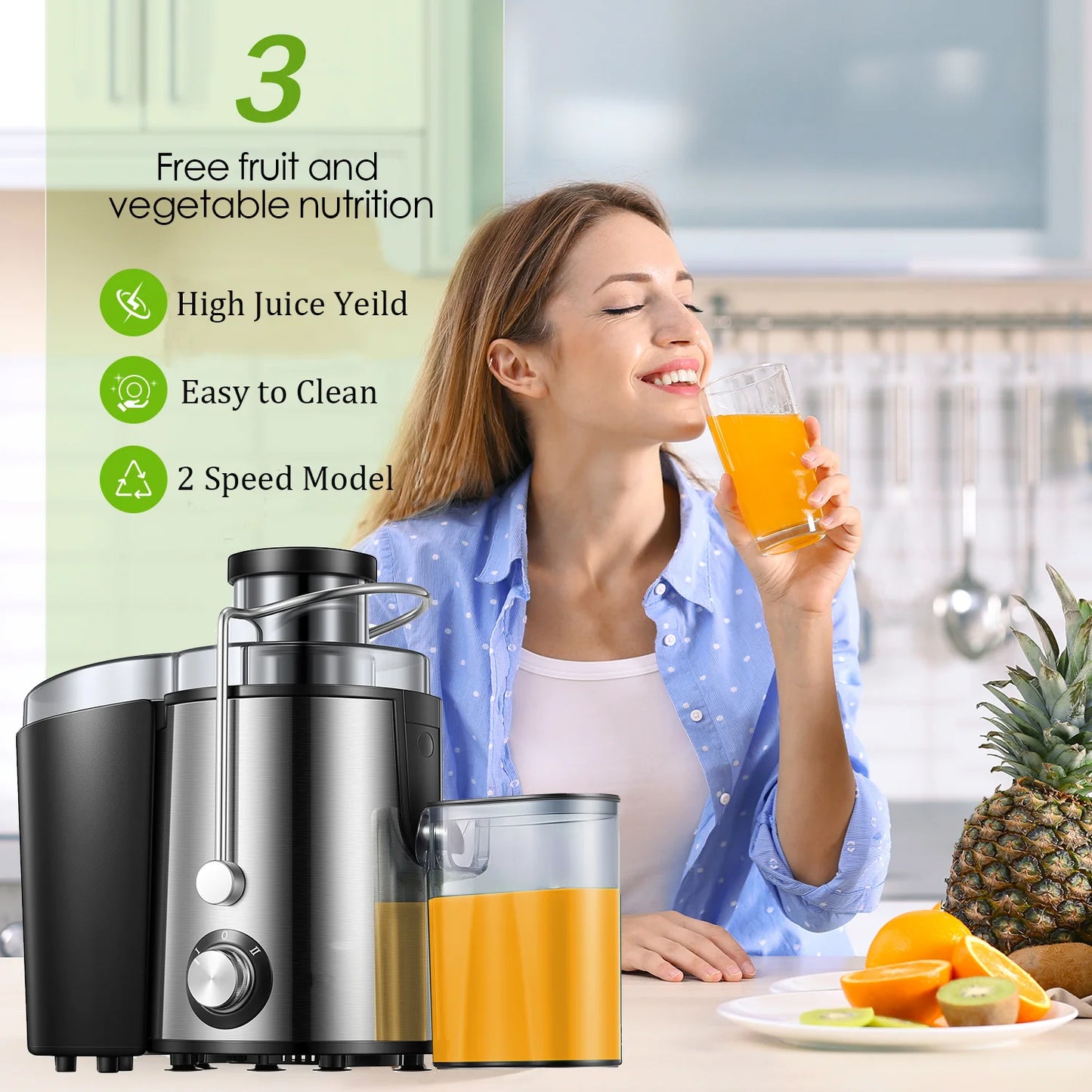 Centrifugal Juicer Machine with 3'' Wide Mouth, 2 Speeds, 400 Watts, Anti-Drip