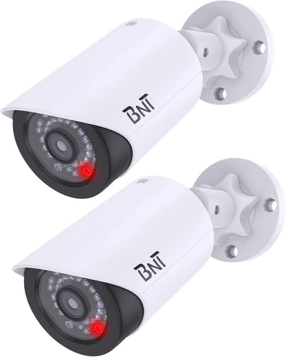 Dummy Fake Security Camera, with One Red LED Light at Night, for Home and Businesses Security Indoor/Outdoor (2 Pack, White)